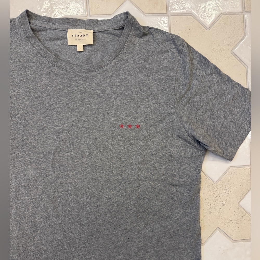Sézane Grey Conrad T-Shirt with Pink Star Embroidery
